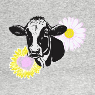 Cute Cow with Daisy Flowers Design T-Shirt